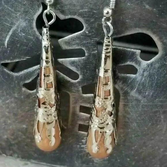Handcrafted Victorian Filigree Wood Long Teardrop Shaped Earrings - Picture 2 of 8